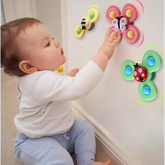 Kit 3 Brinquedos para Bebê – Chocalho Giratório com Ventosa e Spinner para Banho